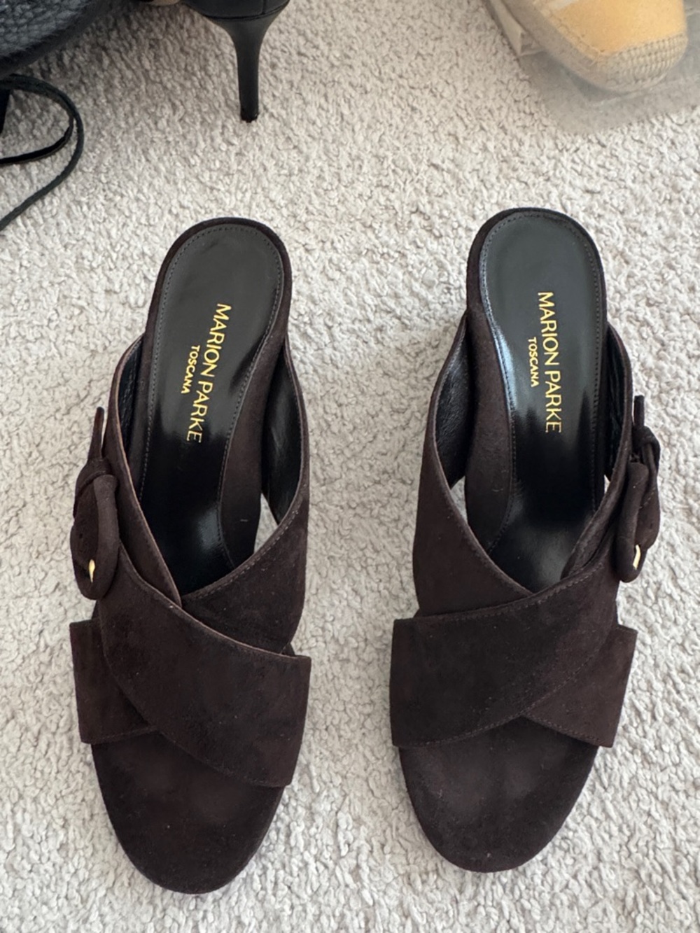 Marion Parke Dark Brown Suede Crossband Mule with Buckle